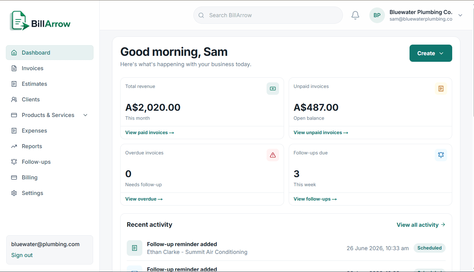 Real BillArrow dashboard showing revenue, invoices, follow-ups, and activity